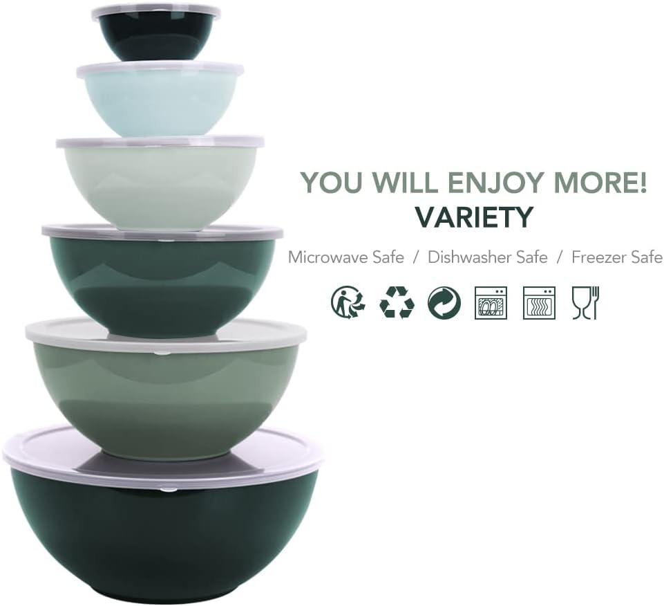 BoxedHome BPA Free Plastic Round Mixing Bowl with Lids, 12 Pack Nesting Bowls with Lids Set, Microwave and Dishwasher Safe Prep & Serving Bowls Great for Mixing, Baking, Serving (Green, 12pcs)