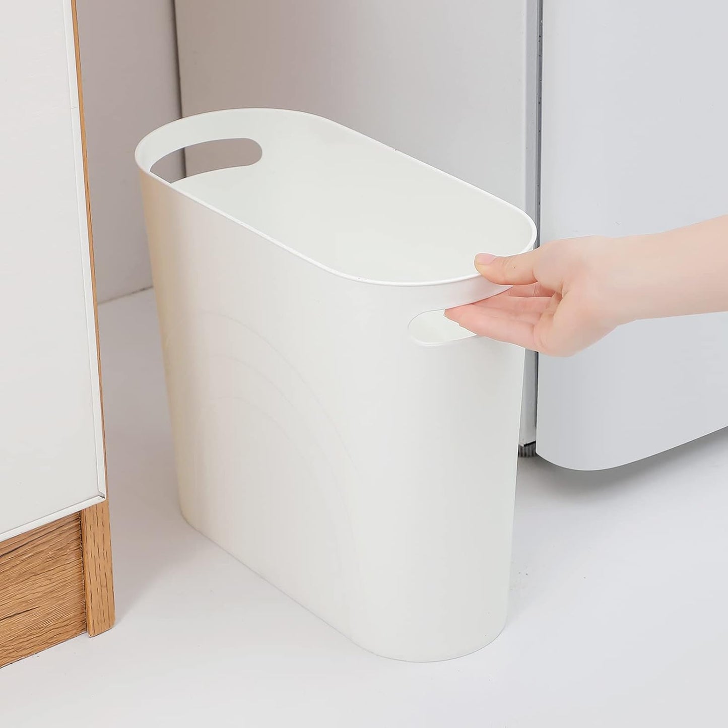 rejomiik Small Trash Can, 3.5 Gallon Slim Garbage Can Plastic Waste Basket with Handles Container Bin for Narrow Spaces Bathroom, Bedroom, Kitchen, Office at Home, 2 Pack White