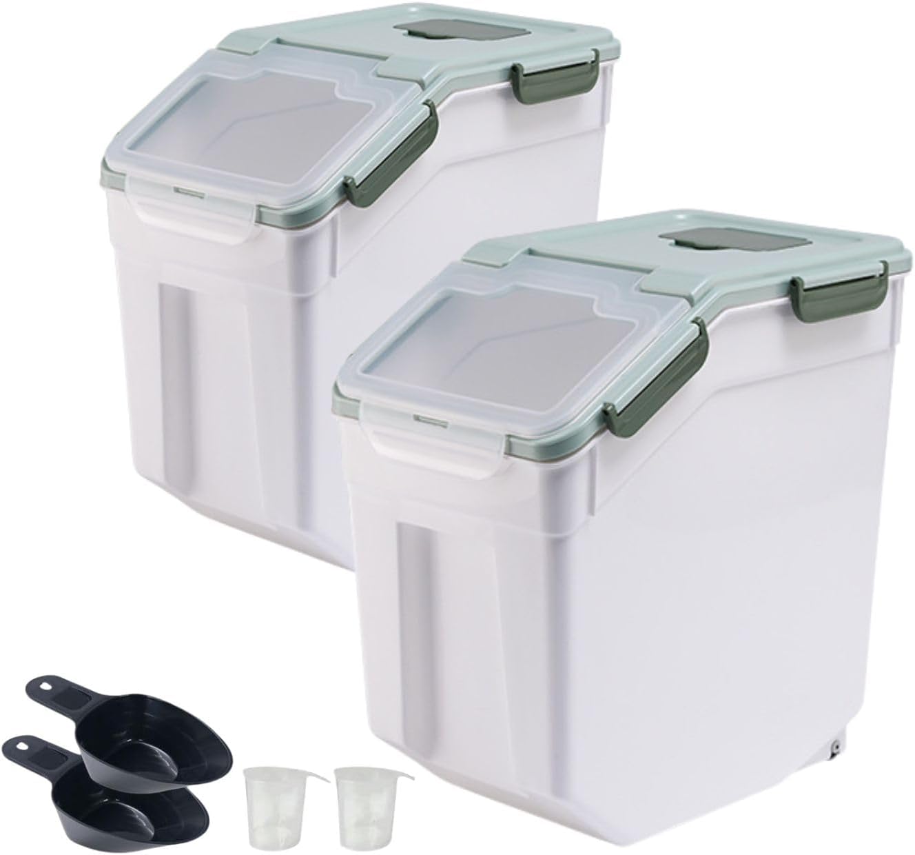 Rice Storage Container 25 lbs, 2 Packs Large Flour Storage Containers with Seal Locking Lid & Wheels, BPA Free Rice Dispenser, Measuring Cup | Scoop, for Sugar Cereal Dry Food, Dog Pet Food Bin -Green