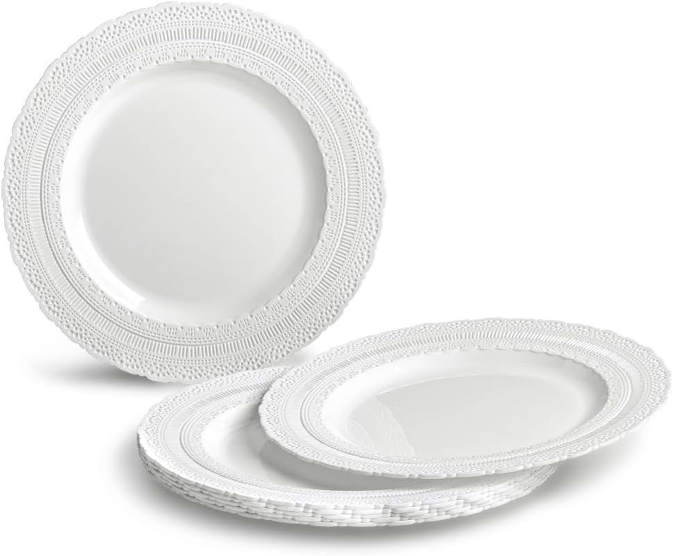 " OCCASIONS " 240 Plates Pack,(120 Guests) Extra Heavyweight Vintage Wedding Disposable/Reusable Plastic Plates 120x11'' Dinner + 120x8.25'' Salad/Dessert Plate (Chateau White)