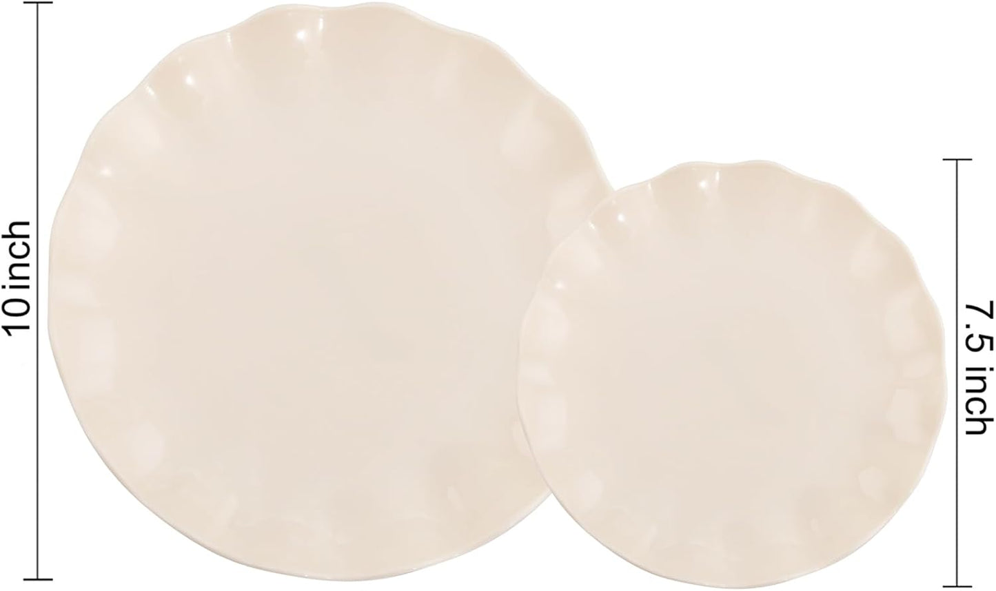 LIYH 24 Pcs Plastic Plates Reusable,Unbreakable Dinner Plates, Scalloped Plastic Plates, Dishwasher Safe,Ivory Plate Sets Perfect for Parties, Birthday, Picnics, BPA Free(12Guests)