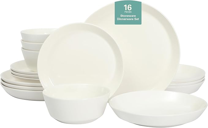 Gibson Home Summer Shades 16 Piece Plates and Bowls Dishes Service for 4 Porcelain Dinnerware Set - White
