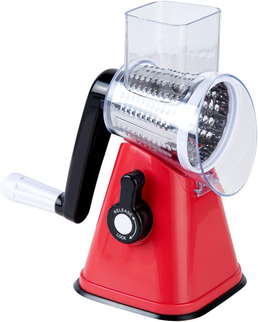 Restaurantware Met Lux 11 x 7 x 6 Inch Cheese Grater With Handle 1 Heavy-Duty Rotating Cheese Grater - Dishwashable Red Plastic Food Shredder Suction Feet For Vegetables Nuts & More