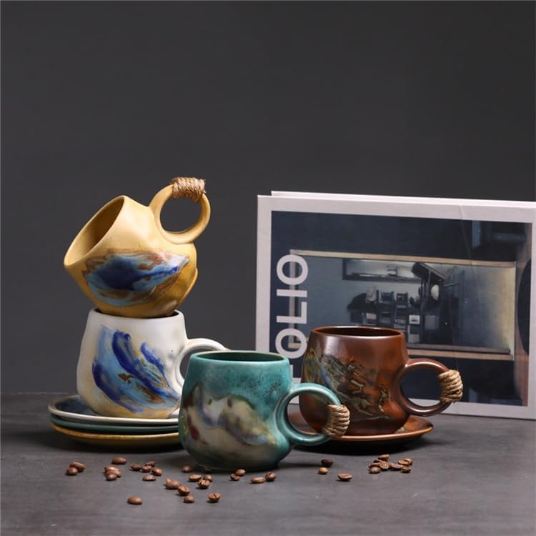 10oz Unique Vintage Retro Japanese Handmade Ceramic Cappuccino Barista Cup with Saucer – Artisanal Stoneware Coffee Mug, Lead-Free Latte Art Mug，Handmade Pottery tea mug or tea cup (1, Green)