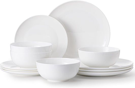 KINGSTONE Bone China Dinnerware Sets, 12-Piece Dinnerware Set for 4, Lightweight Durable, Dishwasher Safe, Tableware for Daily Use with Elegant Design, White