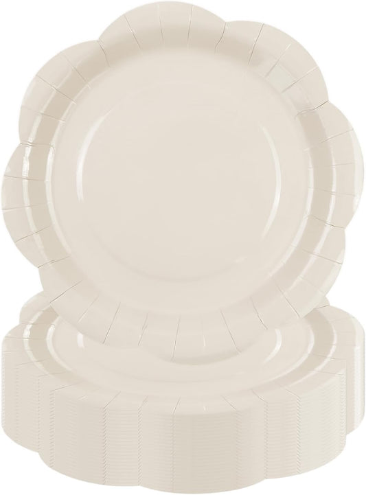 50 Pack Ivory Paper Plates 7 Inch, Disposable Cream Scalloped Plates Cake Dessert Plate for Dinner Baby Shower Wedding Bridal Shower Birthday Party Supplies (Ivory, 7 inch)