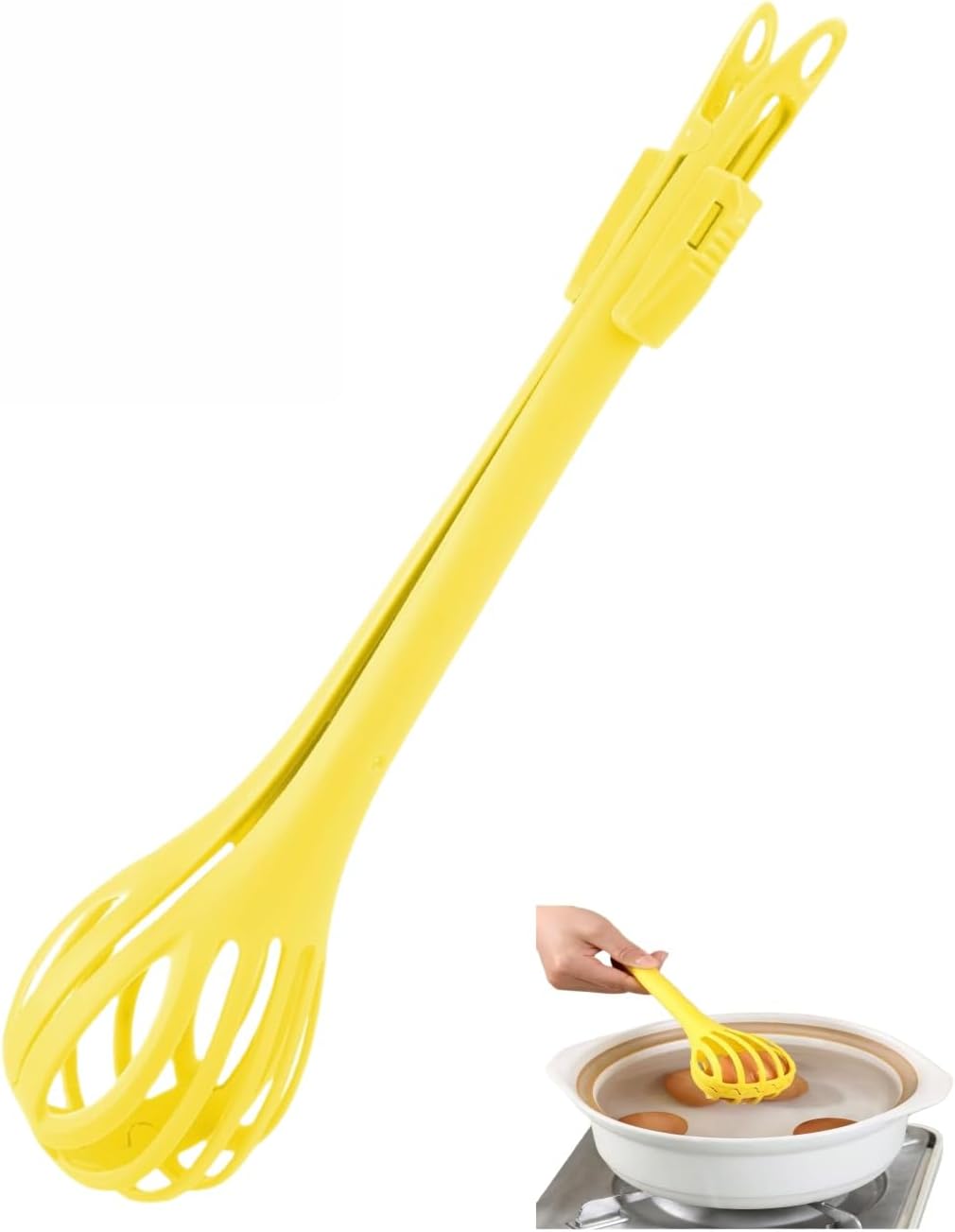 2-in-1 Egg Beater Whisk & Food Tongs, Multifunctional Kitchen Tool, Manual Egg Whisker for Cooking, Baking, Mixing Milk, Salad, Cream & Gripping Bread and Pasta(Yellow)