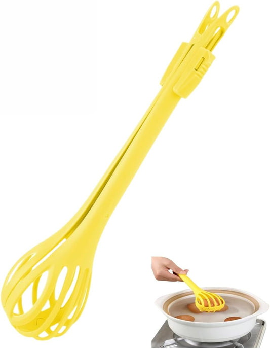 2-in-1 Egg Beater Whisk & Food Tongs, Multifunctional Kitchen Tool, Manual Egg Whisker for Cooking, Baking, Mixing Milk, Salad, Cream & Gripping Bread and Pasta(Yellow)