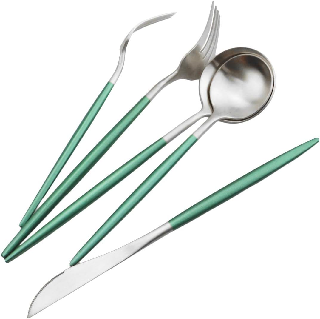 JASHII Silverware Sets, 5-Piece Flatware 18/10 Stainless Steel Heavy Weight Forged Cutlery Eating Utensils Forks Spoons Knives Set Tableware Service for 1 Matte Finished (Green & Silver)