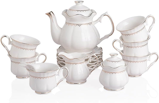 Sweejar 21 Pieces Porcelain Tea Set, Vintage Gold Trimmed Teapot Cup and Saucer Set, Tea Cup for Loose Tea, Sugar Bowl and Creamer Pitcher with Spoons, Service for 6(Elegant White)