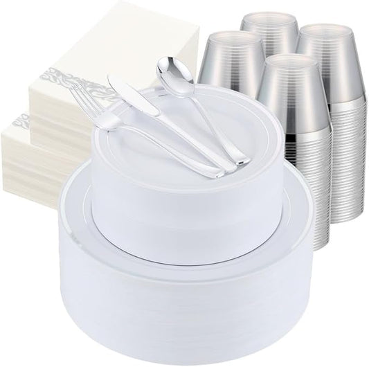 700 PCS Silver Plastic Dinnerware for 100 Guests, Silver Disposable Plate for Party Wedding with 100 Dinner Plates, 100 Dessert Plates, 100 Silverware Set, 100 Cups, 100 Napkins