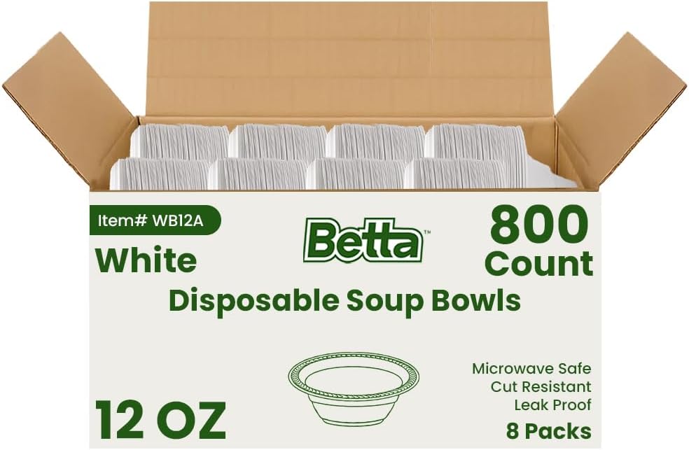 Betta 12 Oz Disposable Plastic Soup Bowls, White, 800 Count, Bulk Case for Schools, Breakrooms and Cafeteria, Microwave Safe (8 Pack Per Box x100)