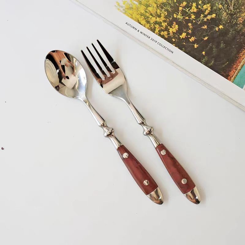 Silverware Set For 8 with Two Rivets, Vintage 40-Piece Everyday Flatware Set with Wood Grain Bakelite Handle, Stainless Steel Cutlery Set, Dishwasher Safe, Knives Spoons and Forks Set