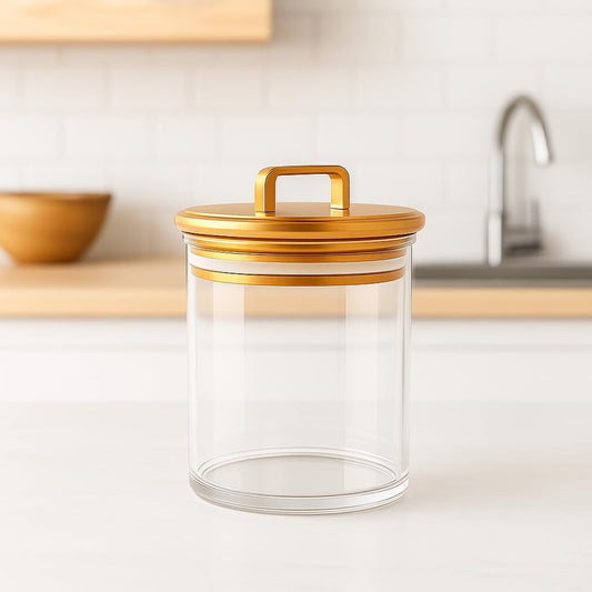Gold Candy Jar with Lid – 16oz Decorative Clear PET Jar for Office Desk, Kitchen, or Bathroom – Cute Storage Container, Canister for Kitchen and Desk Organization