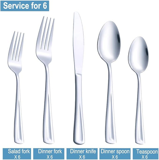 30-Piece Silverware Set for 6, GoGeiLi Stainless Steel Flatware Cutlery Set for 6, include Fork, Knife and Spoon Set, Mirror Finished