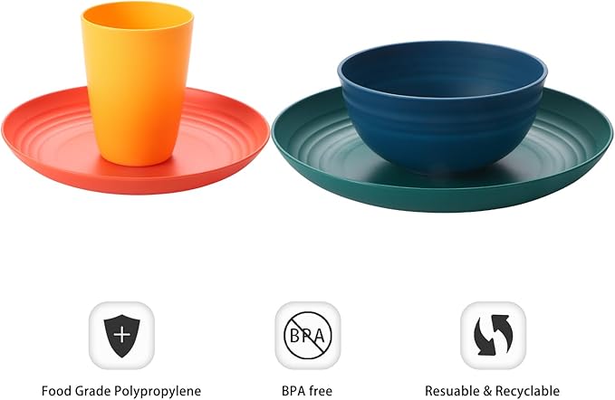 Lazycorner 32Pcs Kitchen Wheat Straw Dinnerware Set, Service for 8, Plastic Reuasble Dinner Dishes Serving Plate Set for Kitchen, Including Dinner Plate, Dessert Plate, Bowl, Cup(Multicolor)