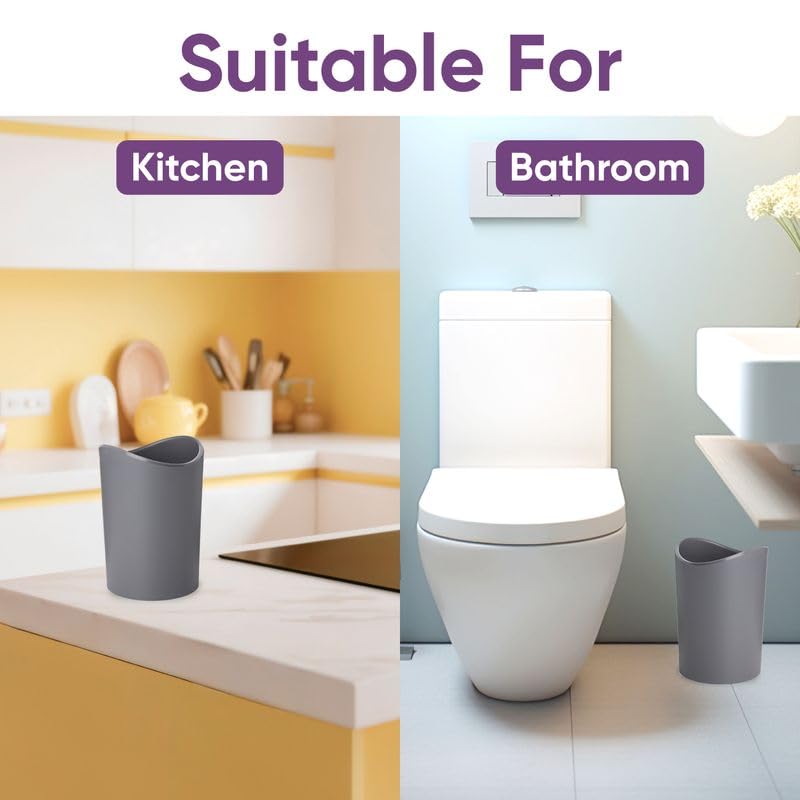 Superio Small Bathroom Trash Can with Lid, Modern Grey Mini Waste Bin with Swing Lid (1 1/2 Gallon, 6 Liter) Plastic Garbage Can for Kitchen, Bathroom, Bedroom, Office, Under Desk (2, Grey)