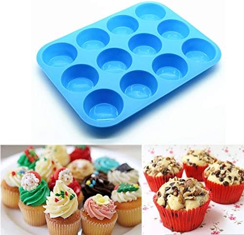 JEWOSTER Non-Sticky Silicone Muffin Pan—Muffin Molder for Muffins and Cupcakes—Cupcake silicone molder—Baking Accessory—12 X Muffin Molders (12-Red+Blue)