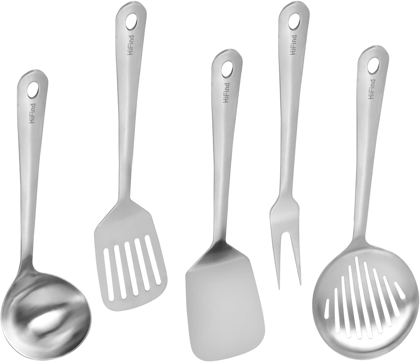 Cooking Utensils Set, Stainless Steel Kitchen Utensils Set, Durable Kitchen Gadgets- 5 PCS -Ladle, Skimmer, Slotted Turner, Solid Turner, Meat Fork