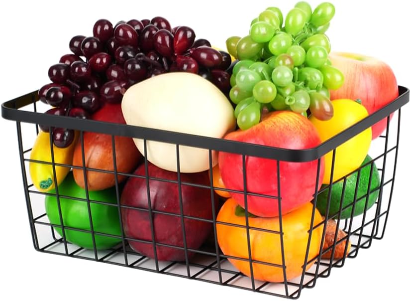 Kitchen Metal Wire Baskets with Handles Food Storage Organizer, Household Refrigerator for Cabinets,Pantry,Bathroom,Black,2 Pack