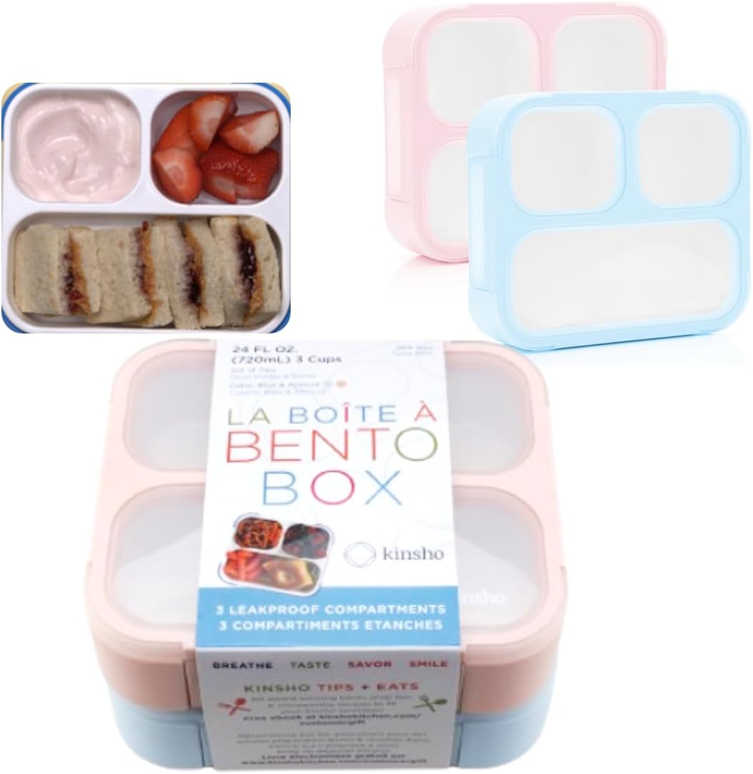 Medium Bento Boxes for Kids, Lunch-Box for Boys Girls Todderler Adults, Leak-proof 3 Compartment Containers for Meal or Snack at School Daycare Work Travel, BPA Free 2 pack (Pastel Blue + Pink)