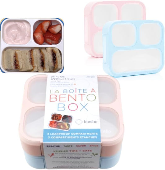 Medium Bento Boxes for Kids, Lunch-Box for Boys Girls Todderler Adults, Leak-proof 3 Compartment Containers for Meal or Snack at School Daycare Work Travel, BPA Free 2 pack (Pastel Blue + Pink)