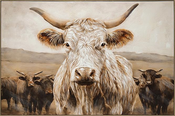YPGEAME Modern Farmhouse Decor, Highland Cow Wall Art , Rustic Farmhouse Oil Painting with Wood Frame, Scottish Cattle Landscape on Canvas, Countryside Decor for Living Room, Kitchen, Cabin, 32*48 in