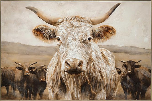 YPGEAME Modern Farmhouse Decor, Highland Cow Wall Art , Rustic Farmhouse Oil Painting with Wood Frame, Scottish Cattle Landscape on Canvas, Countryside Decor for Living Room, Kitchen, Cabin, 32*48 in