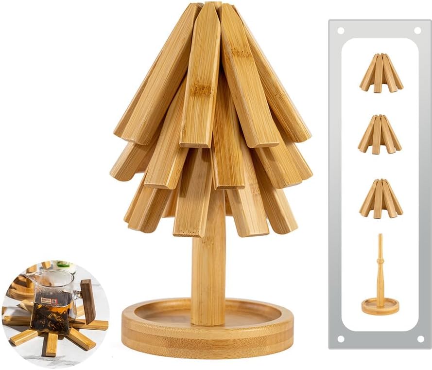 8" Bamboo Tree Trivets Set with Mini Tray (3 Trivets+1 Stand), Heat Resistant Pot Holders Serving Mats for Kitchen Countertops/Table, Bamboo