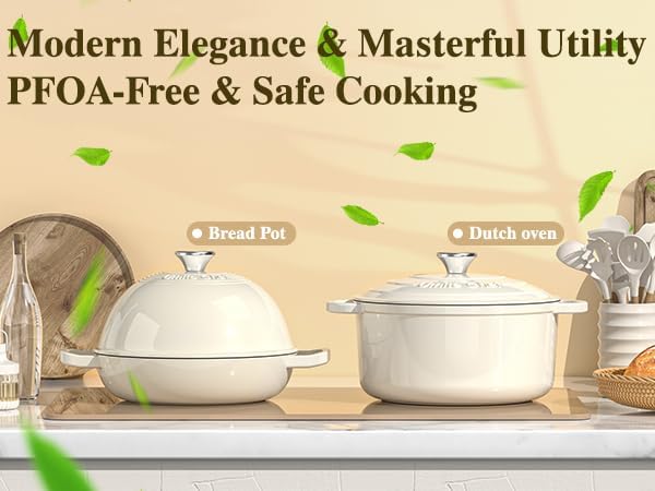 Enameled Round Cast Iron Bread Oven, 6 Qt Cast Iron Dutch Oven for Homemade Sourdough Bread Baking, Bread Pot with Dome Lid & Cotton Potholders (Cream White)