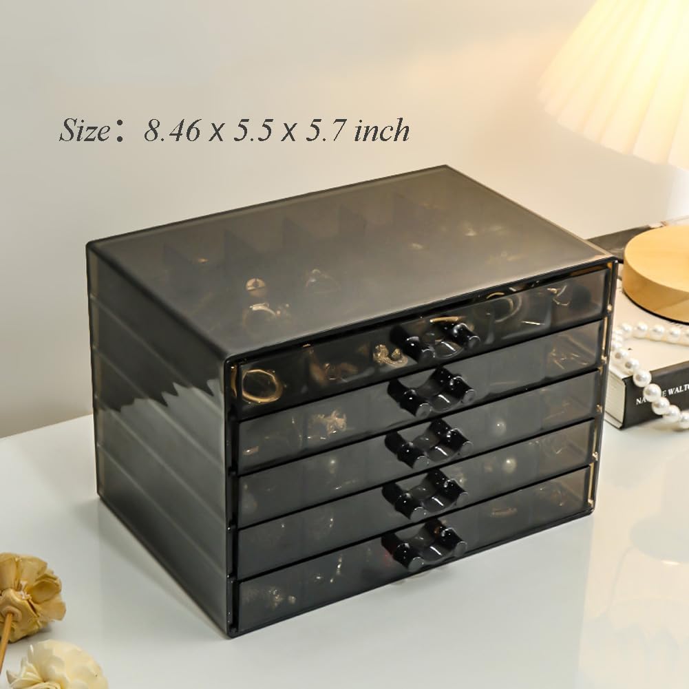 Earring Storage Box Organizer, Acrylic Jewelry Storage Box Holder 5 Drawers Transparent Jewelry Display Stand with 120 Small Compartments Gift Boxes for Women Girls (Clear Black)