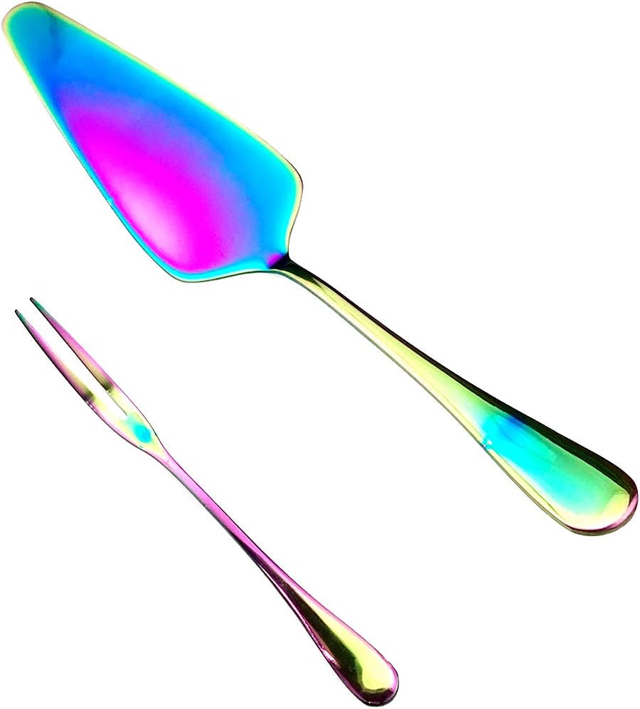 Gugrida 19 Pcs Mirror Polished Reusable Utensils Vitalt Eco-Friendly Stainless Steel Rainbow Flatware Dinnerware Set, Shiny Cutlery Knife Fork Spoon Fruit Fork Set & 1x Cake shovel, Service for 3