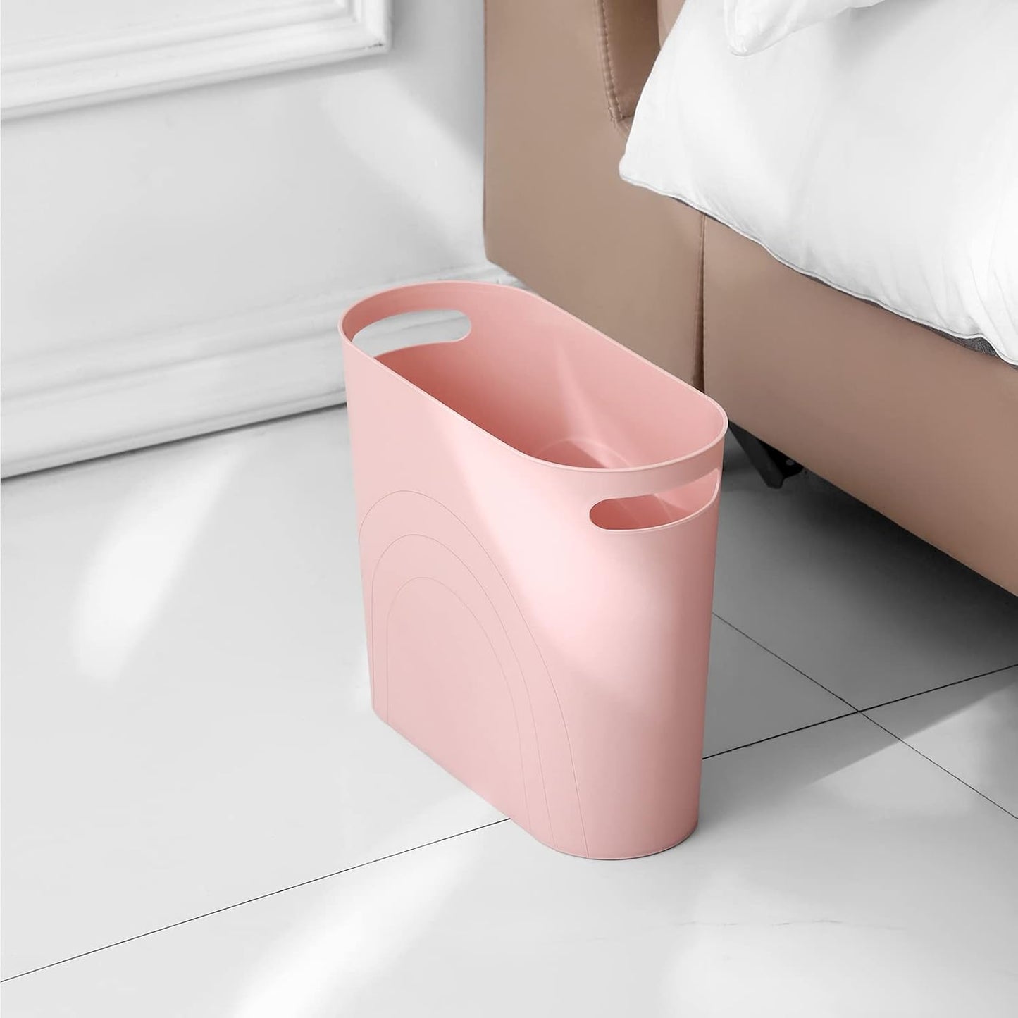 rejomiik Small Trash Can, 3.5 Gallon Slim Garbage Can Plastic Waste Basket with Handles Container Bin for Narrow Spaces Bathroom, Bedroom, Kitchen, Office at Home, Rosette Pink