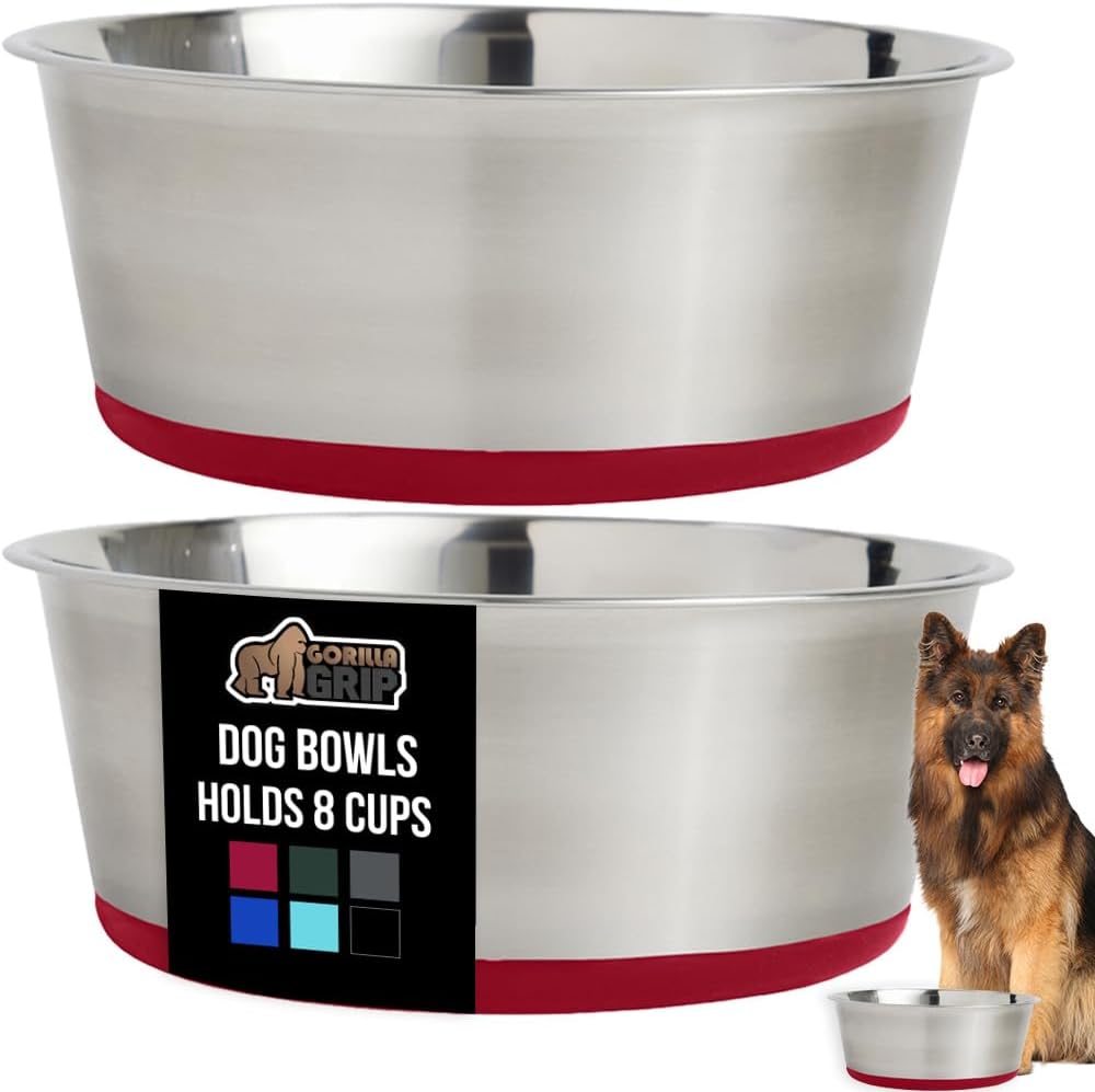 GORILLA GRIP Set of 2 Dog Bowls, Holds 8 Cups (64 fl oz), Heavy Duty Metal Food and Water Bowl for Feeding Dogs and Cats, Dishwasher Safe, Rust Resistant Stainless Steel, BPA Free Rubber Base, Red