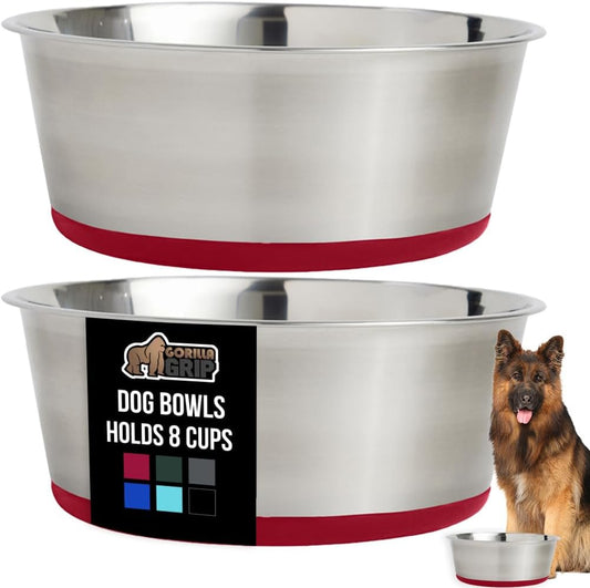 GORILLA GRIP Set of 2 Dog Bowls, Holds 8 Cups (64 fl oz), Heavy Duty Metal Food and Water Bowl for Feeding Dogs and Cats, Dishwasher Safe, Rust Resistant Stainless Steel, BPA Free Rubber Base, Red