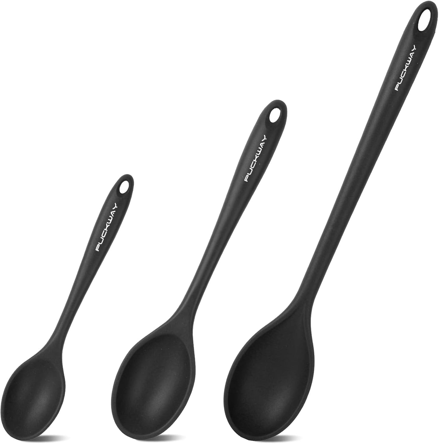 3 Pcs Silicone Spoons Set of 7.9 10.6 14.2 inch for Cooking, Heat Resistant Kitchen Spoons for Mixing, Stirring, and Serving, Small to Large Non Stick (Black)