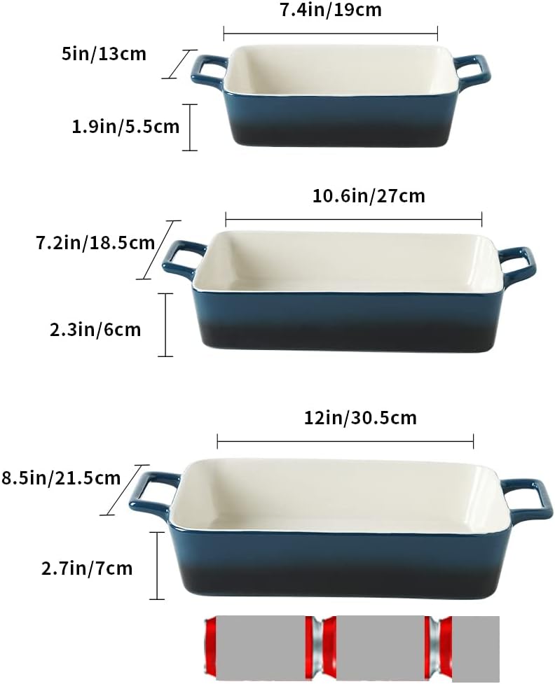 Bakeware Set, Ceramic Baking Dish, Rectangular Baking Pans Set, Casserole Dish for Cooking, Cake Dinner, Kitchen, Wrapping Upgrade, 12 x 8.5 Inches, 3-Piece (Gradient Blue)