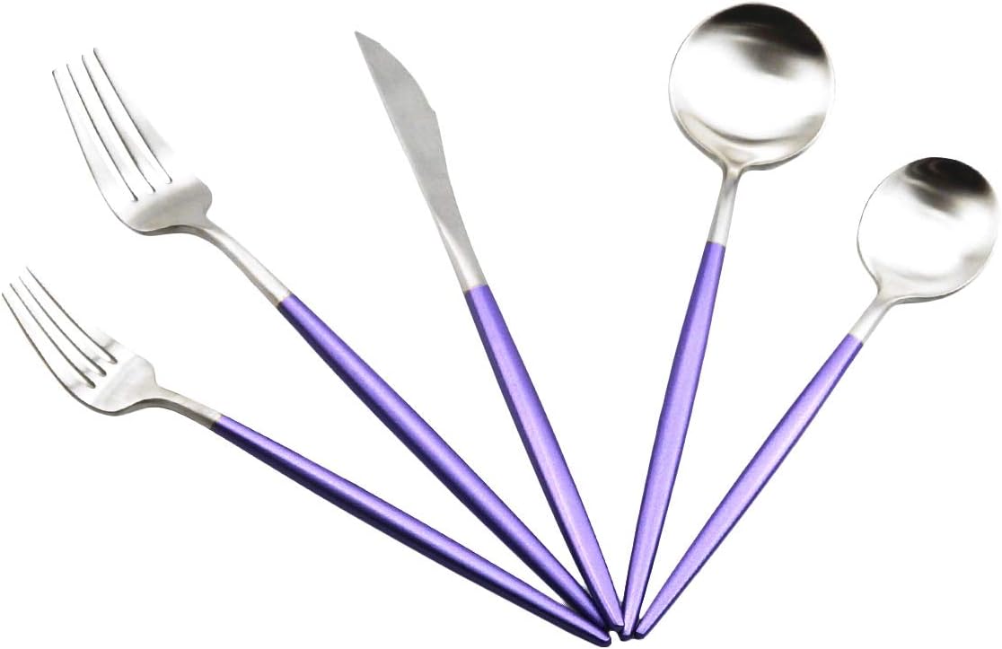 JASHII Silverware Sets, 20-Piece Flatware 18/10 Stainless Steel Heavy Weight Forged Cutlery Eating Utensils Forks Spoons Knives Set Tableware Service for 4 Matte Finished (Purple & Silver)