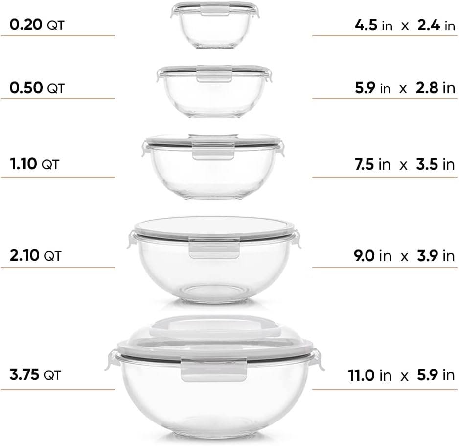 JoyJolt Kitchen Mixing Bowls. 5pc Glass Bowls with Lids Set – Neat Nesting Bowls. Large Mixing Bowl Set incl Batter Bowl, Cooking Bowls, Storage Bowls with Lids and Big Salad Bowl with BPA-Free Lids