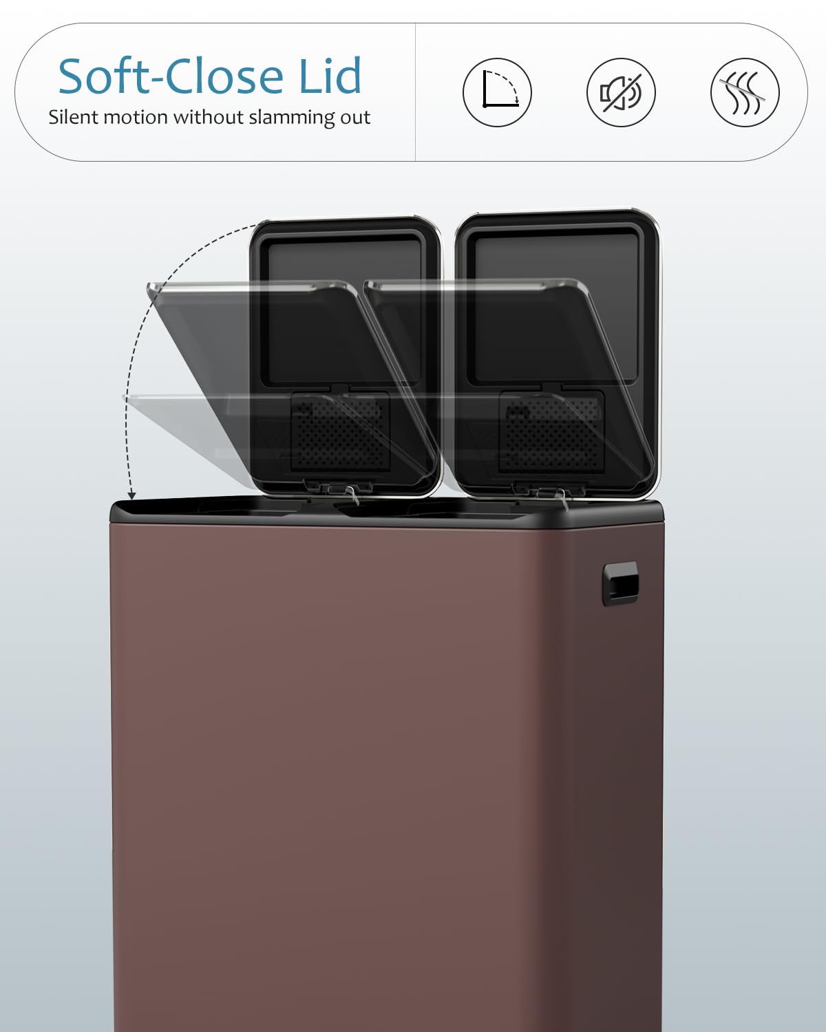 16 Gal (2 x 30 L) Dual Trash Can, Stainless Steel Kitchen Garbage Bin, Recycle Dustbin with Odor Control Box, Soft-Close Lid, Inner Buckets, Side Handle, Step Pedal, for Home Office