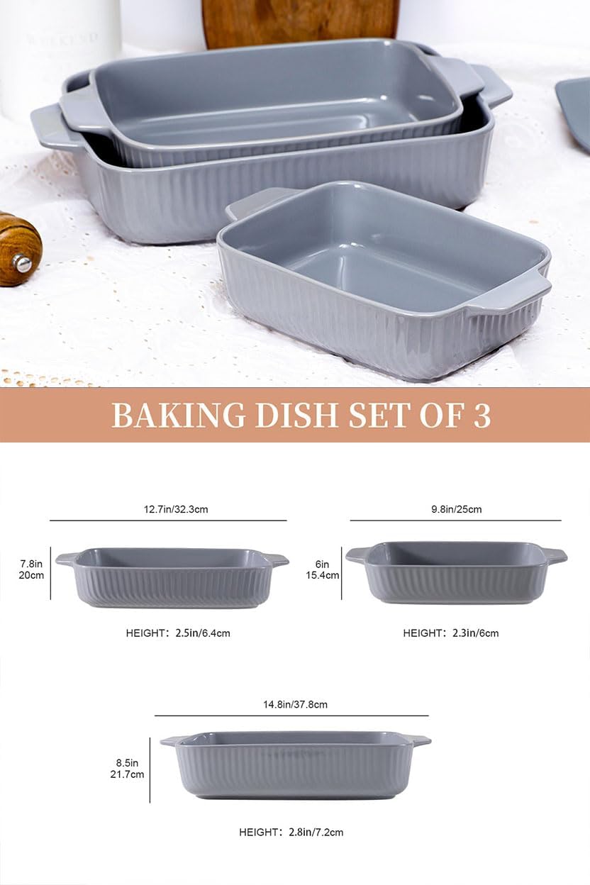 Yachi Ceramic Baking Pan Casserole Dish Set of 3 Pcs Rectangular Bakeware Set Baking Pan with Handle for Steak Beef Roast Chicken spaghetti Lasagna vegetables Microwave, Oven and Dishwasher Safe (Gray)