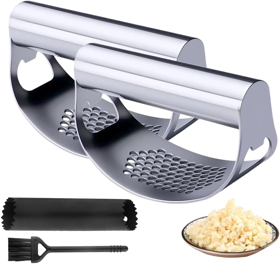 Stainless Steel Garlic Press, 2025 New Arc Shape Stainless Steel Ring Garlic Chopper, Garlic Presse Rocker Garlic Press Mincer Crusher Press, Kitchen Heavy Duty Handle Garlic Chopper (2)