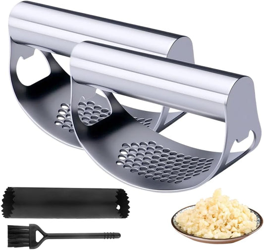 Stainless Steel Garlic Press, 2025 New Arc Shape Stainless Steel Ring Garlic Chopper, Garlic Presse Rocker Garlic Press Mincer Crusher Press, Kitchen Heavy Duty Handle Garlic Chopper (2)