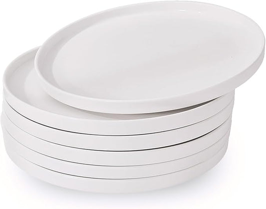 AntoKueh White Ceramic Flat Dinner Plates Set of 6, 10.3 Inch High Edge Porcelain Plates, Large Dish Set for Pizza, Steak, Dishwasher/Microwave safe