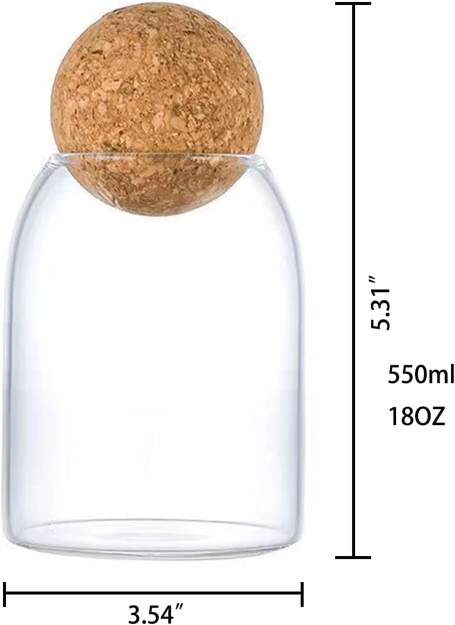 550ML/18Oz Clear Glass Bottles, Glass Food Storage Containers with Airtight Round Cork, Decorative Sealed Jar Organizer Holder with Wooden Lid for Candy, Cookie, Nut, Spice, Tea, Coffee Bean