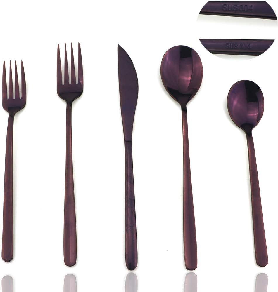 JASHII Mirror Polished Purple 20-Piece SUS304 Stainless Steel Flatware Set,Silverware Set Dinner Knife Fork Spoon Dessert Fork Salad Spoon Service for 4