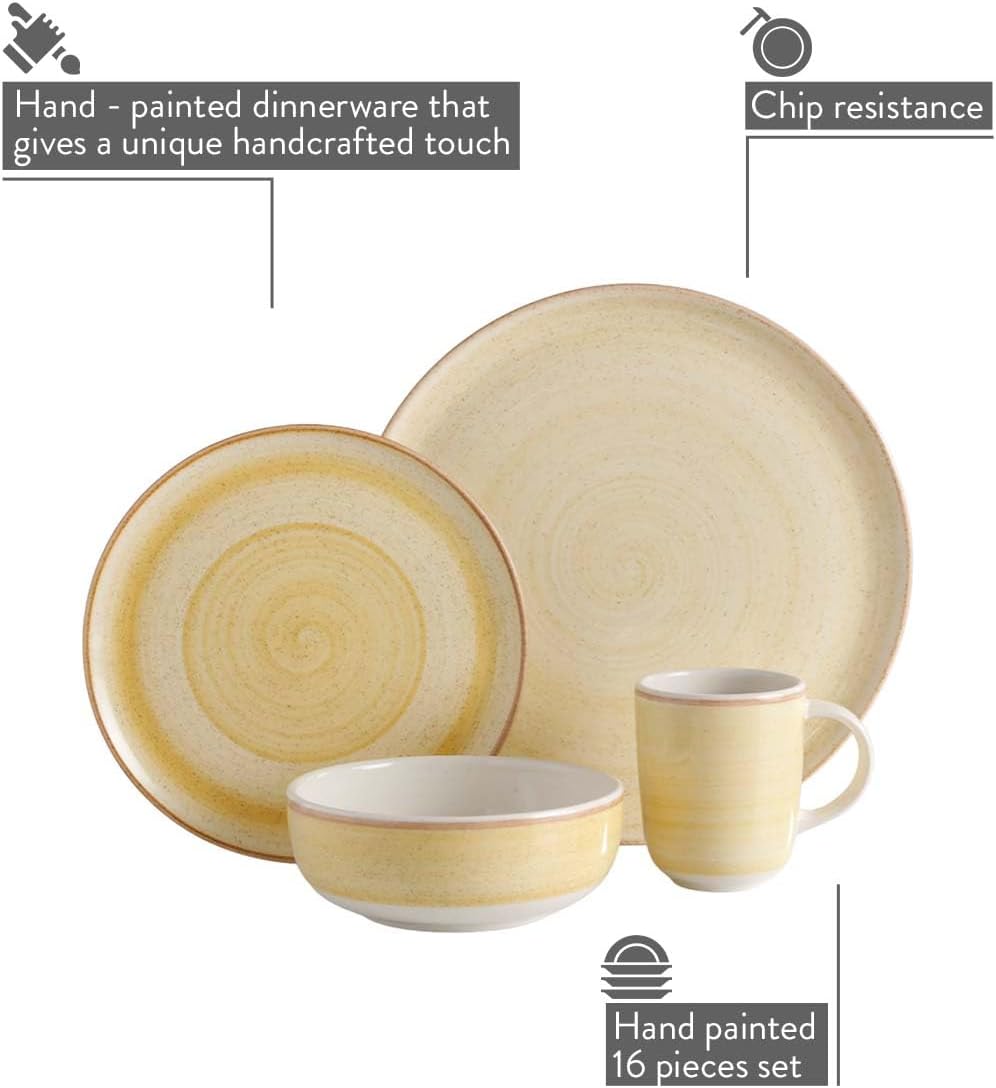 Corona 16 –piece Yellow Hand-painted Vintage Style Ceramic Dinnerware Sets, Plates, Bowls and Mugs, Service For 4, Mustard Caoba