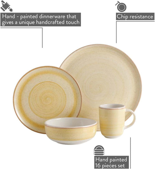 Corona 16 –piece Yellow Hand-painted Vintage Style Ceramic Dinnerware Sets, Plates, Bowls and Mugs, Service For 4, Mustard Caoba