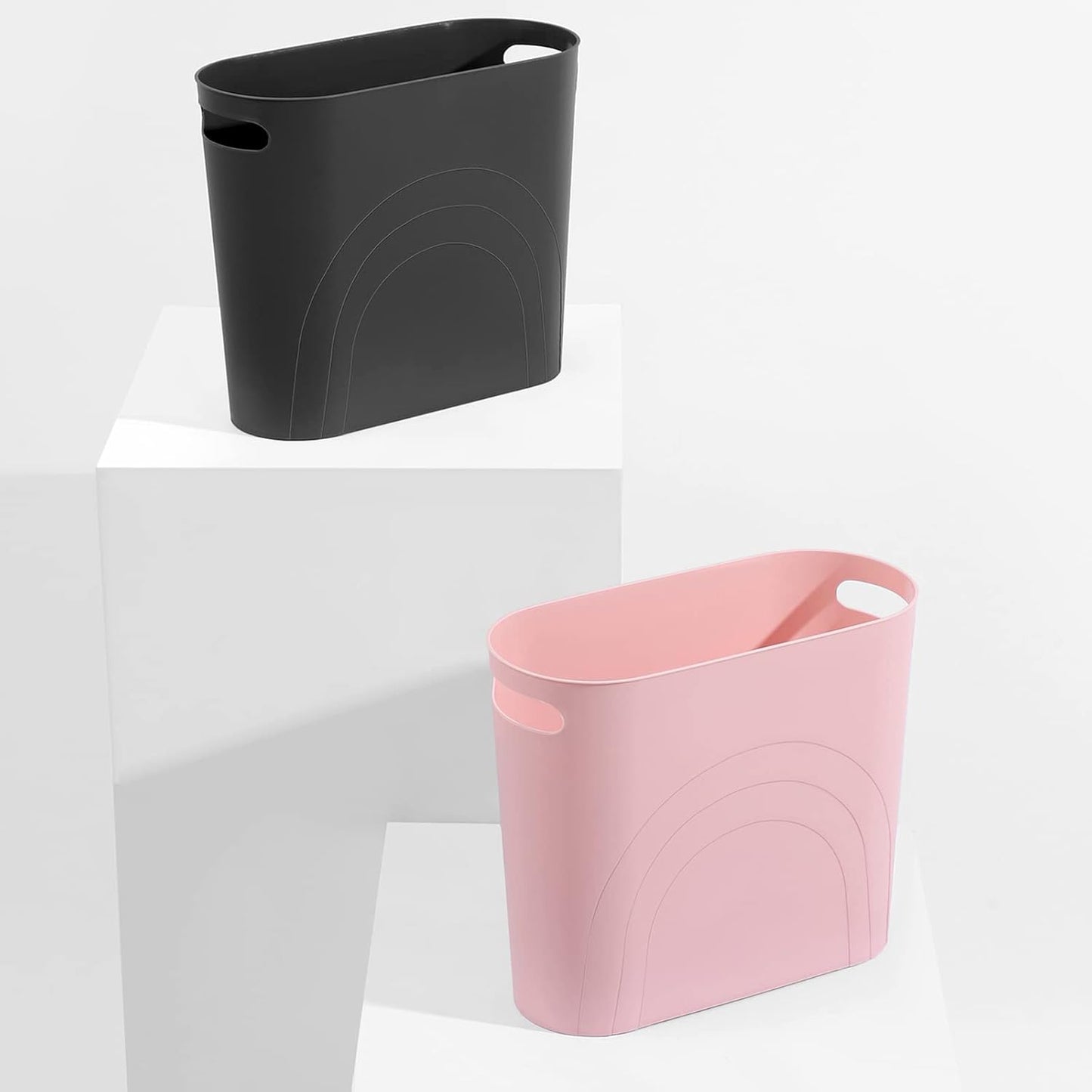 rejomiik Small Trash Can, 3.5 Gallon Slim Garbage Can Plastic Waste Basket with Handles Container Bin for Narrow Spaces Bathroom, Bedroom, Kitchen, Office at Home, Dark Gray