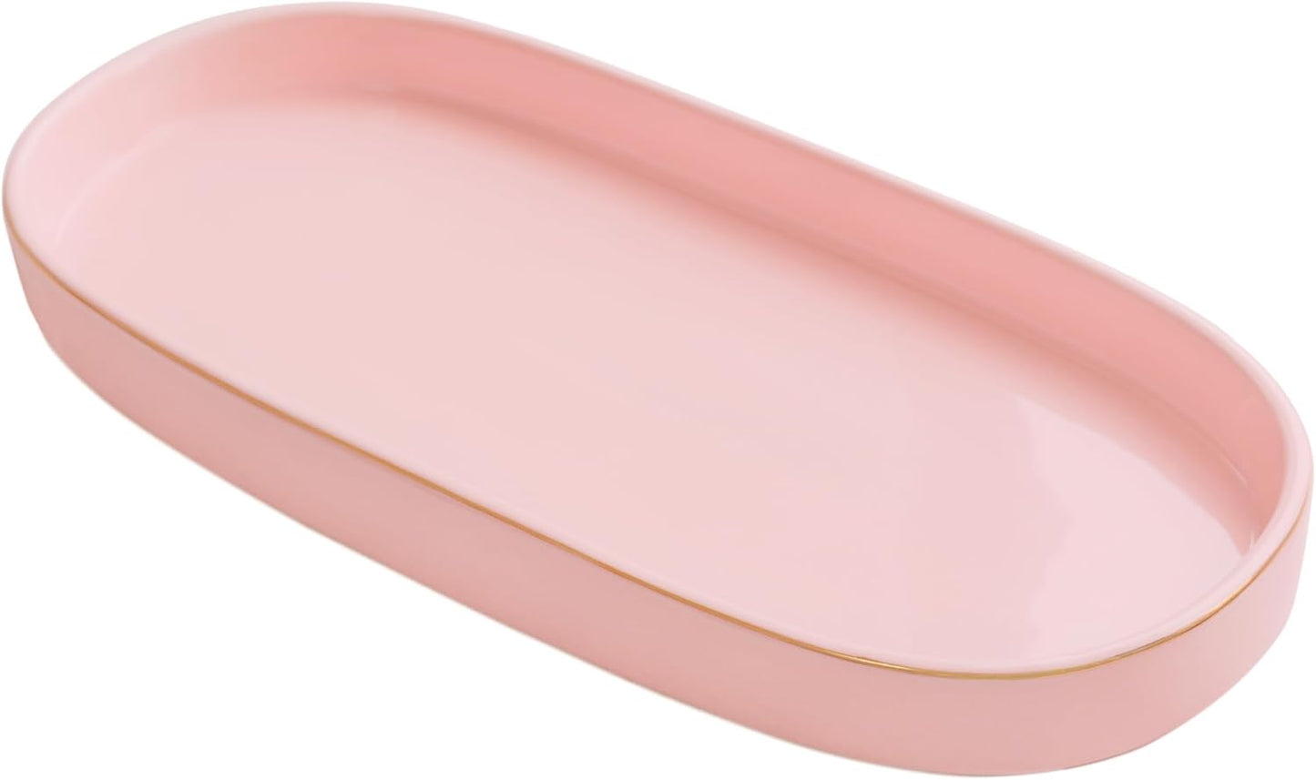 10x5 Bathroom Vanity Tray, Oval Ceramic Decorative Perfume Candle Tray for Bathroom/Kitchen Counter, Pink